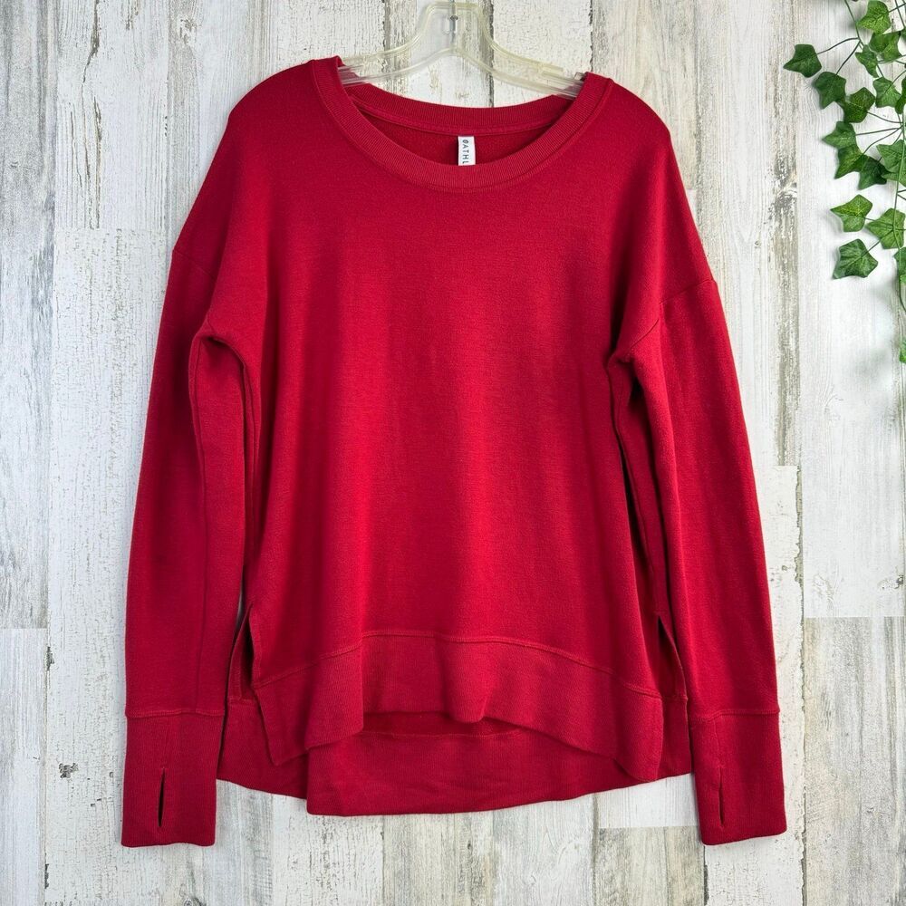 Athleta Women's S Shirt Top Long Sleeve Red Thumb Holes Split Side Hem